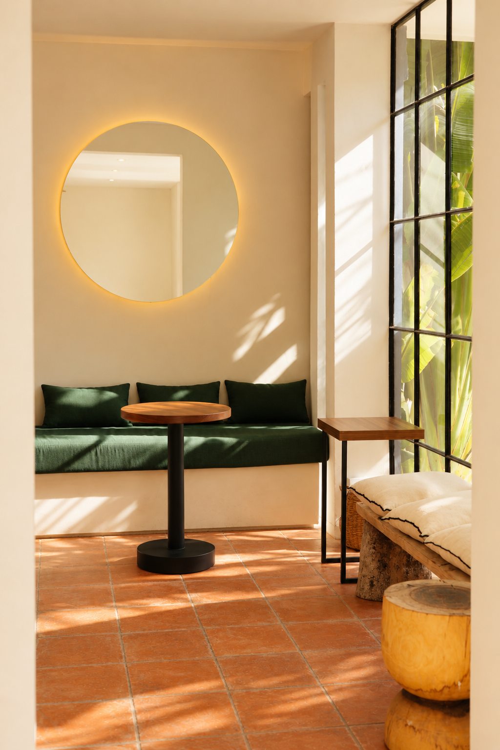 OLIVO lounge with a round mirror and green bench